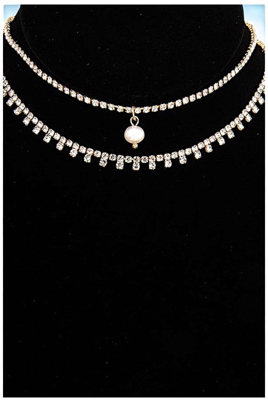 RHINESTONE PAVE PEARL PENDANT CHOKER NECKLACE