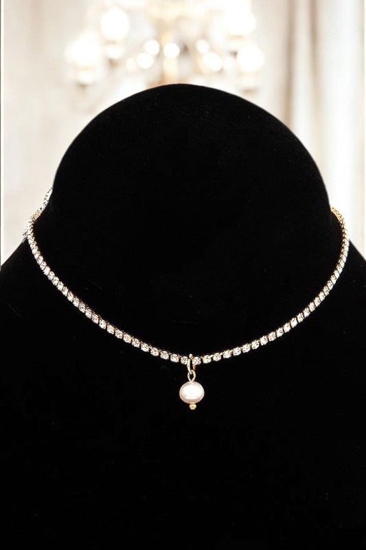 RHINESTONE PAVE PEARL PENDANT CHOKER NECKLACE