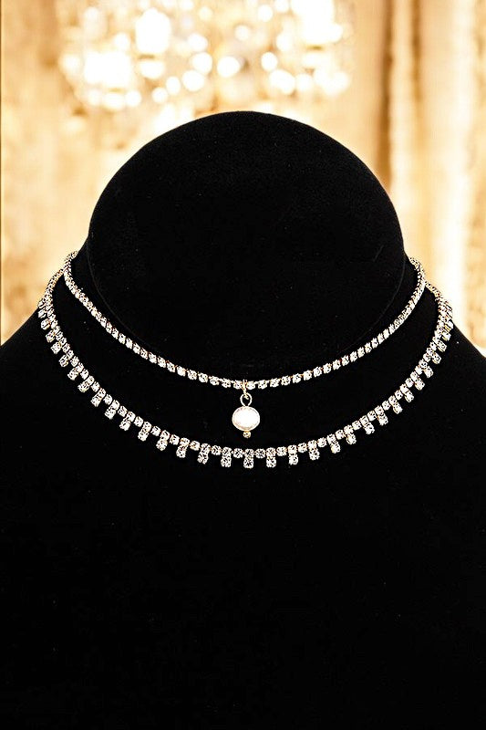 RHINESTONE PAVE PEARL PENDANT CHOKER NECKLACE