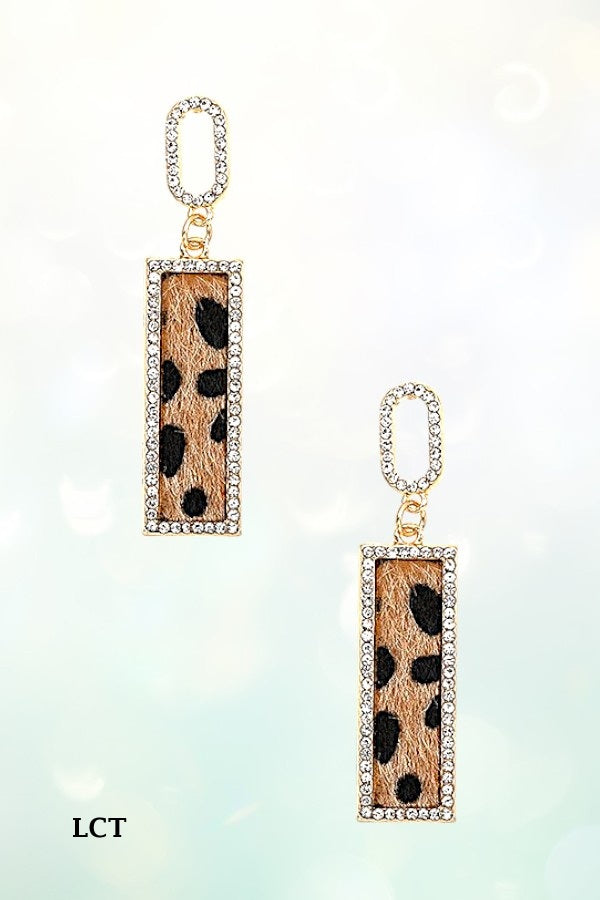RHINESTONE PAVE ANIMAL PRINT BAR DANGLE EARRING
