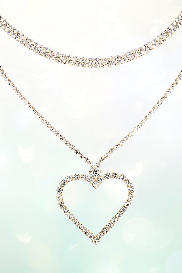 RHINESTONE PAVE HEART LAYERED CHOKER NECKLACE