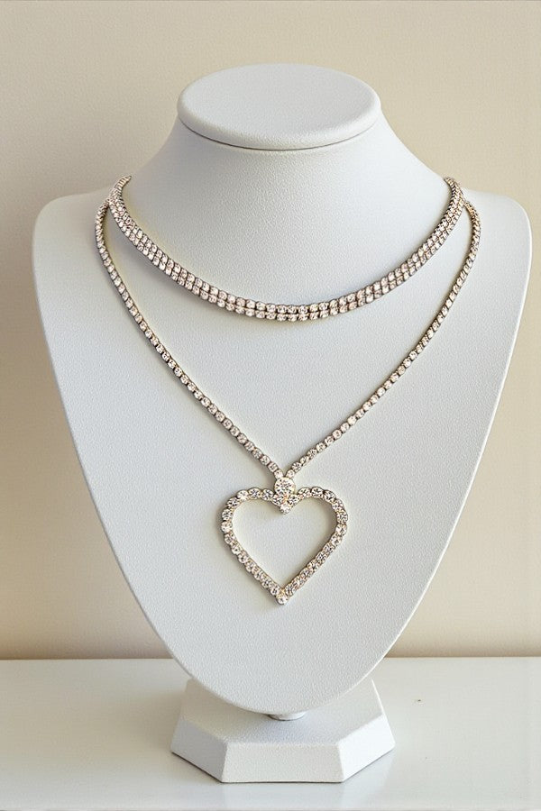RHINESTONE PAVE HEART LAYERED CHOKER NECKLACE