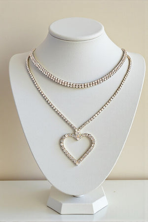 RHINESTONE PAVE HEART LAYERED CHOKER NECKLACE