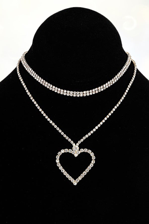 RHINESTONE PAVE HEART LAYERED CHOKER NECKLACE