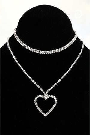 RHINESTONE PAVE HEART LAYERED CHOKER NECKLACE