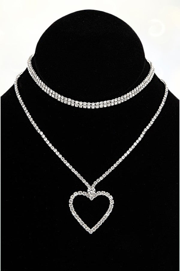 RHINESTONE PAVE HEART LAYERED CHOKER NECKLACE