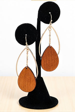 WOODEN TEARDROP CHAIN ACCENT DROP EARRING