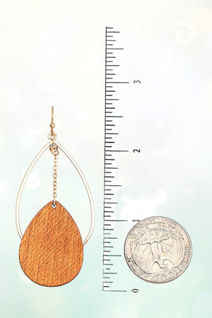 WOODEN TEARDROP CHAIN ACCENT DROP EARRING