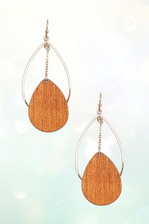WOODEN TEARDROP CHAIN ACCENT DROP EARRING
