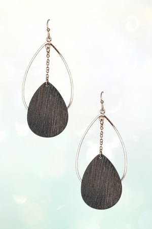 WOODEN TEARDROP CHAIN ACCENT DROP EARRING