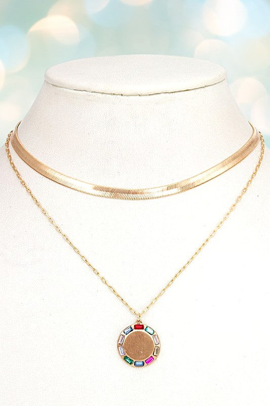 FLAT CHAIN ROUND GEM PENDANT NECKLACE