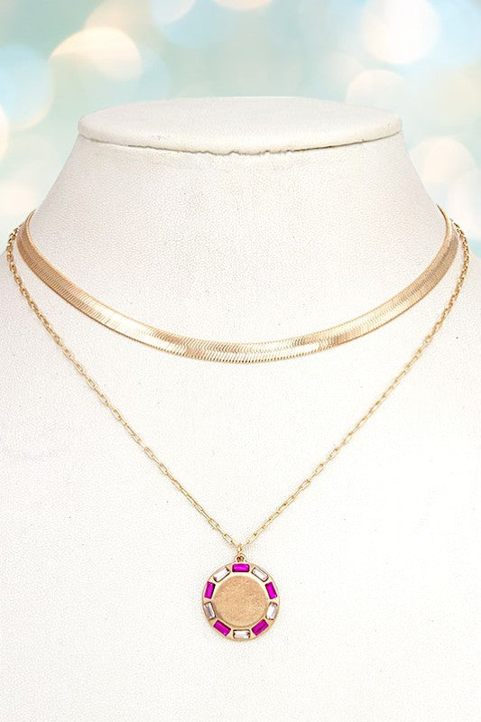 FLAT CHAIN ROUND GEM PENDANT NECKLACE