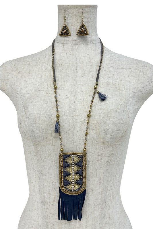 Elongated Bead Thread Tassel Pendant Necklace Set