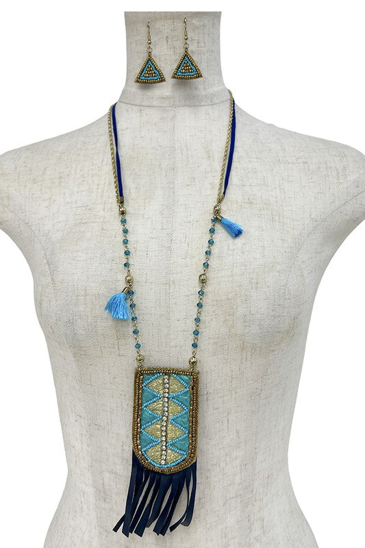 Elongated Bead Thread Tassel Pendant Necklace Set