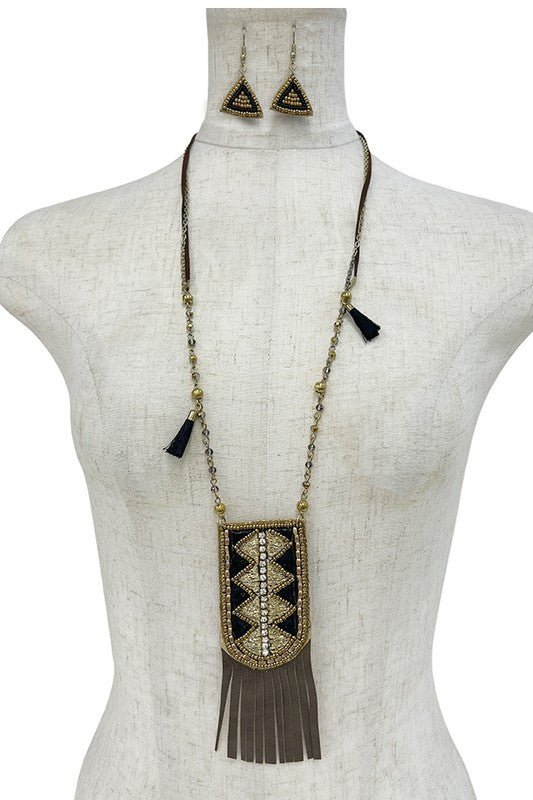 Elongated Bead Thread Tassel Pendant Necklace Set