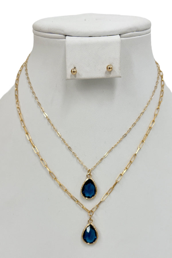 Faceted Teardrop Gem Pendant Necklace Set