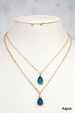 FACETED GEM TEARDROP DOUBLE PENDANT NECKLACE EARRING SET