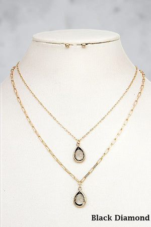 FACETED GEM TEARDROP DOUBLE PENDANT NECKLACE EARRING SET