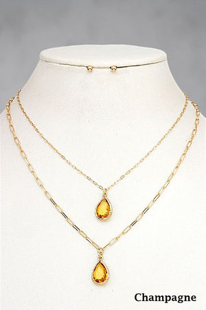 FACETED GEM TEARDROP DOUBLE PENDANT NECKLACE EARRING SET