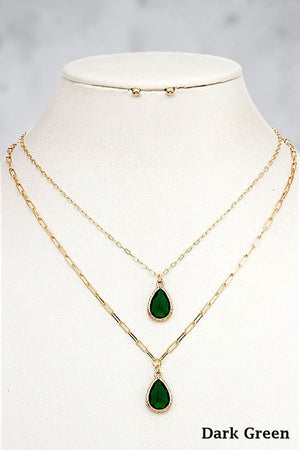 FACETED GEM TEARDROP DOUBLE PENDANT NECKLACE EARRING SET