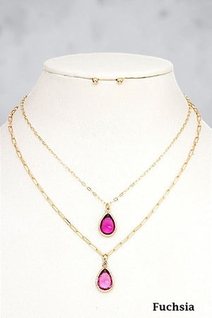 FACETED GEM TEARDROP DOUBLE PENDANT NECKLACE EARRING SET