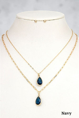 FACETED GEM TEARDROP DOUBLE PENDANT NECKLACE EARRING SET