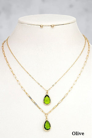 FACETED GEM TEARDROP DOUBLE PENDANT NECKLACE EARRING SET