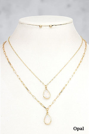 FACETED GEM TEARDROP DOUBLE PENDANT NECKLACE EARRING SET