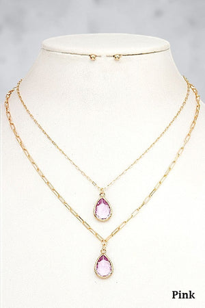 FACETED GEM TEARDROP DOUBLE PENDANT NECKLACE EARRING SET