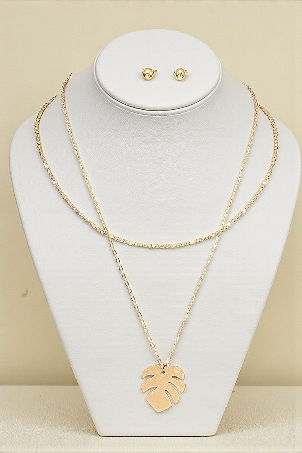 LEAF PENDANT BEAD LAYERED NECKLACE SET