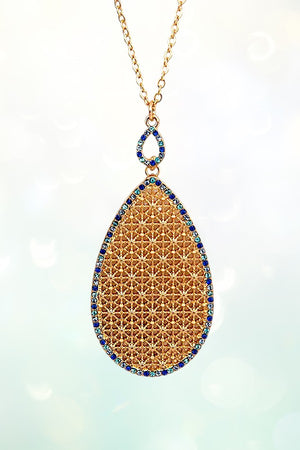 ELOGATED RHINESTONE FRAMED TEARDROP PENDANT NECKLACE