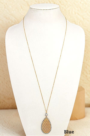 ELOGATED RHINESTONE FRAMED TEARDROP PENDANT NECKLACE