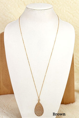ELOGATED RHINESTONE FRAMED TEARDROP PENDANT NECKLACE