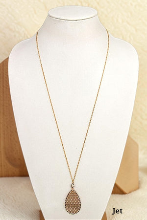 ELOGATED RHINESTONE FRAMED TEARDROP PENDANT NECKLACE