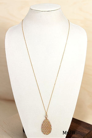 ELOGATED RHINESTONE FRAMED TEARDROP PENDANT NECKLACE