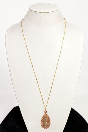ELOGATED RHINESTONE FRAMED TEARDROP PENDANT NECKLACE