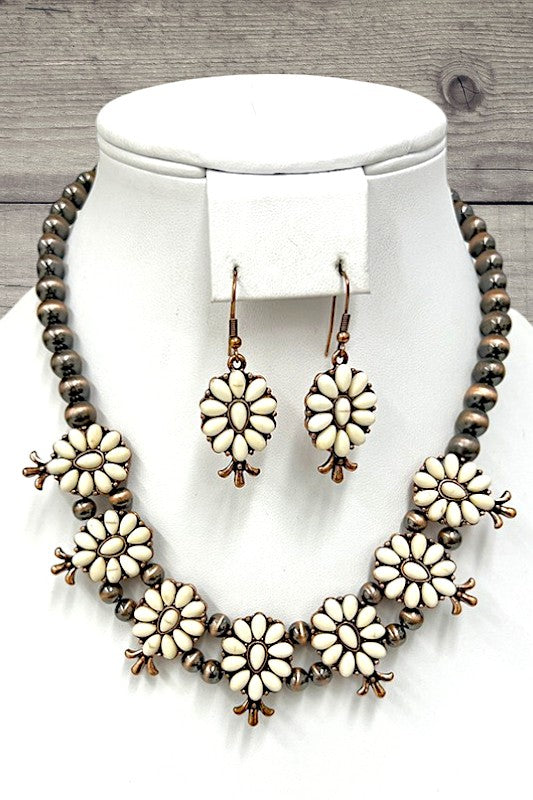 Western Floral Link Gem Ball Beaded Necklace Set