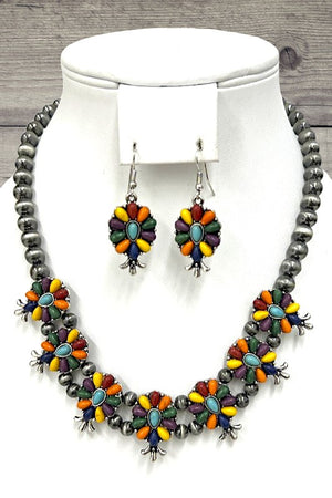 Western Floral Link Gem Ball Beaded Necklace Set