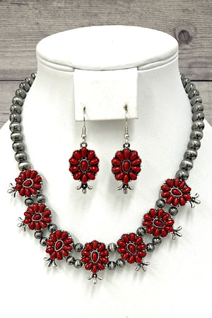 Western Floral Link Gem Ball Beaded Necklace Set