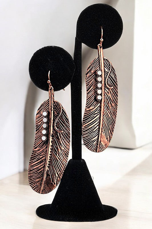 ETCHED LEAF STUDDED ACCENT DANGLE EARRING