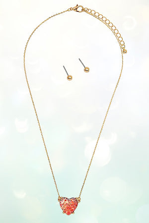 FACETED HEART PENDANT NECKLACE AND BALL STUD EARRING SET