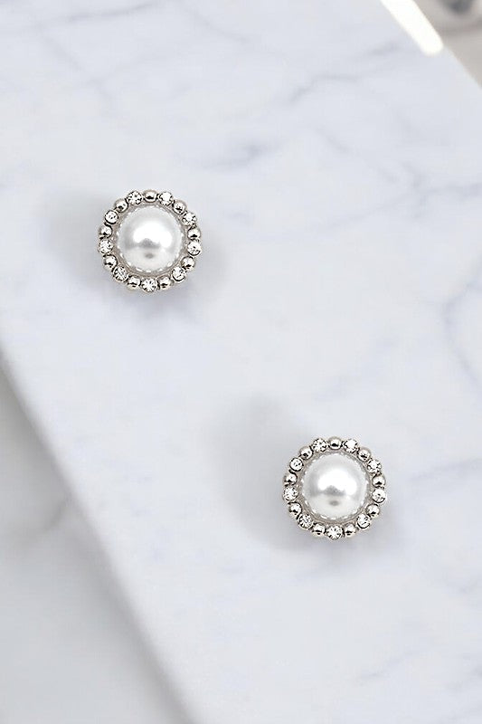 RHINESTONE FRAMED PEARL POST EARRING