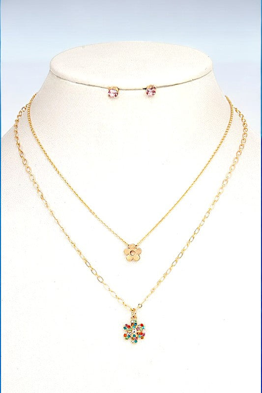 FLORAL GEM PENDANT LAYERED NECKLACE SET