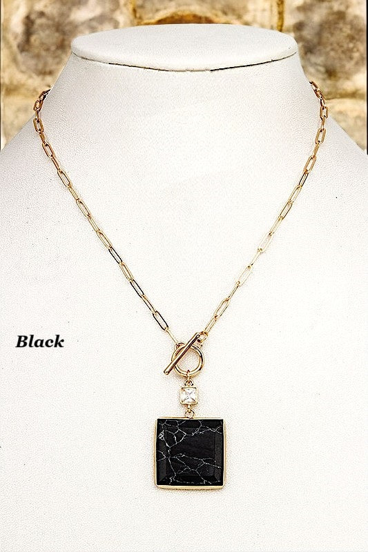 SQUARE SEMI PRECIOUS STONE PENDANT NECKLACE