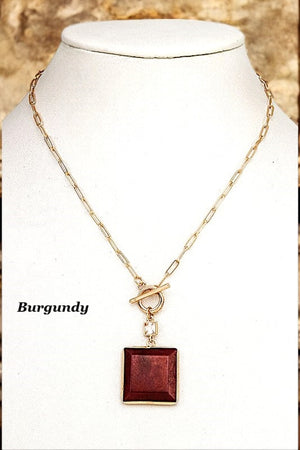 SQUARE SEMI PRECIOUS STONE PENDANT NECKLACE