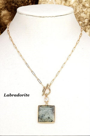 SQUARE SEMI PRECIOUS STONE PENDANT NECKLACE