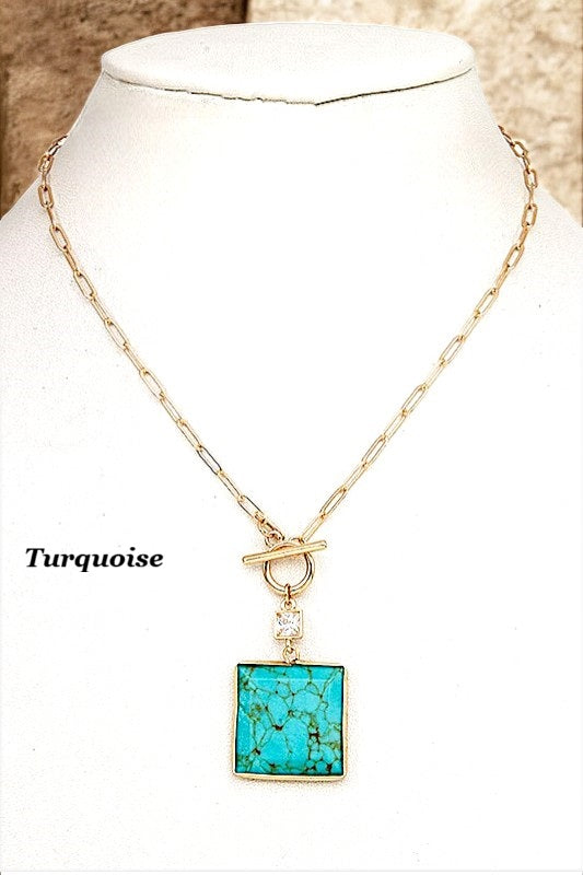 SQUARE SEMI PRECIOUS STONE PENDANT NECKLACE