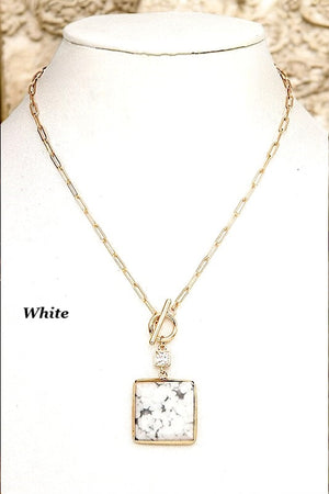 SQUARE SEMI PRECIOUS STONE PENDANT NECKLACE