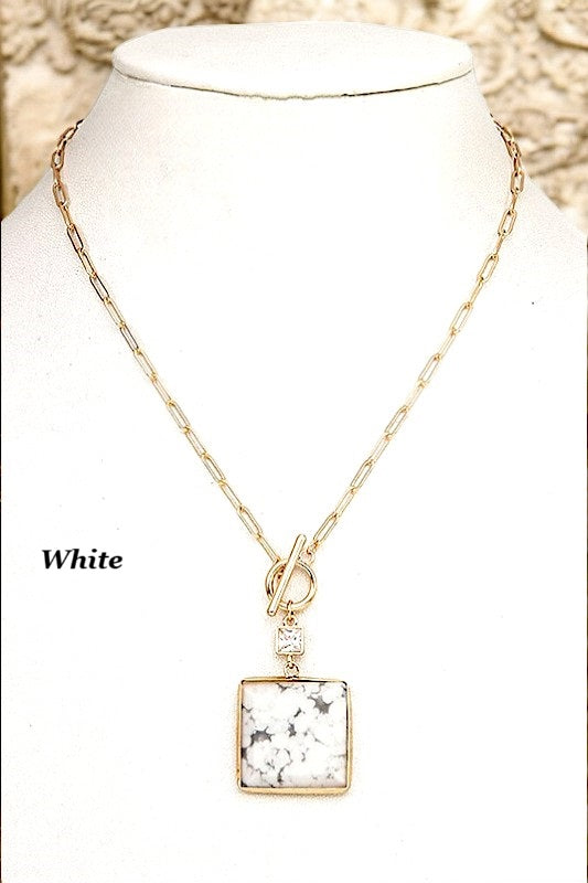 SQUARE SEMI PRECIOUS STONE PENDANT NECKLACE