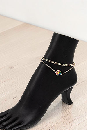 FLOWER CHARM LINK DOUBLE CHAIN ANKLET